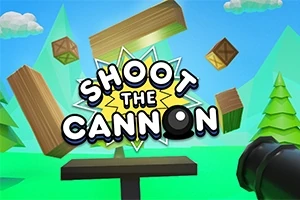 Título en negritas Shoot the Cannon con bloques de madera y caja en un entorno de bosque con un cañón en primer plano