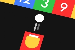 Cañón rojo disparando una bola blanca hacia bloques de colores numerados sobre fondo negro