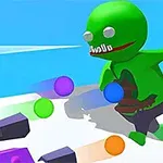 Personaje verde de aspecto caricaturesco corriendo en un entorno colorido con esferas de colores y objetos violeta en el suelo