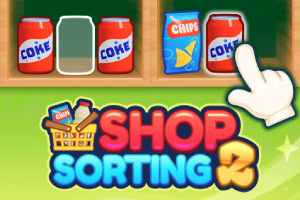 Cajas con refrescos y botanas, junto a una mano señalando, sobre un fondo verde con el texto Shop Sorting 2