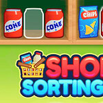 Cajas con refrescos y botanas, junto a una mano señalando, sobre un fondo verde con el texto Shop Sorting 2