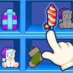 Objetos navideños coloridos en estantes azules con una mano señalando un cohete