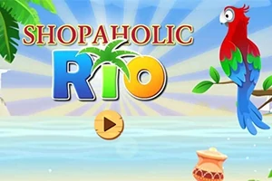 Título colorido SHOPAHOLIC RIO con un loro rojo en una rama, fondo de playa y mar