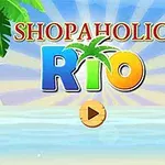 Título colorido SHOPAHOLIC RIO con un loro rojo en una rama, fondo de playa y mar