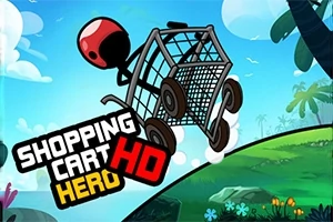 Una figura con casco rojo montando un carrito de compras sobre una colina verde con cielo azul de fondo