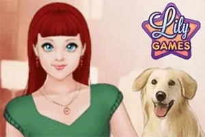 Mujer pelirroja con un vestido verde junto a un perro sonriente, con un logotipo de Lily Games