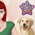 Mujer pelirroja con un vestido verde junto a un perro sonriente, con un logotipo de Lily Games