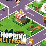 Ilustración de un entorno virtual con caminos, árboles y personajes de estilo pixel art, con un letrero que dice Shopping Mall Tycoon