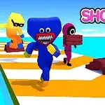 Personajes coloridos corren sobre un camino con plataformas, destacando el título SHORTCUT RACE!