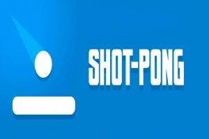 Fondo azul con un círculo blanco encima de una línea horizontal, acompañado del texto SHOT-PONG