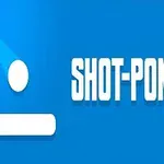 Fondo azul con un círculo blanco encima de una línea horizontal, acompañado del texto SHOT-PONG