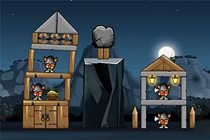 Estructuras de madera en una noche estrellada con personajes con cascos vikingos y un paisaje montañoso al fondo