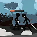 Tres figuras negras estilo stickman en un paisaje oscuro, una de ellas empuñando una espada contra las otras dos