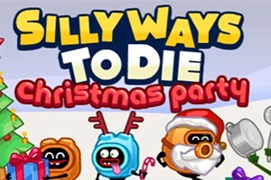 Dibujo de personajes animados con disfraces navideños junto a un árbol de Navidad y regalos coloridos