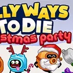 Dibujo de personajes animados con disfraces navideños junto a un árbol de Navidad y regalos coloridos