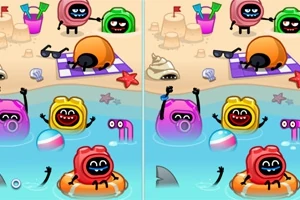 Dibujos animados coloridos en la playa con personajes en el agua y descansando sobre una toalla