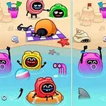 Dibujos animados coloridos en la playa con personajes en el agua y descansando sobre una toalla