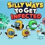 Caricaturas coloridas de virus y personajes con equipo de protección en un fondo azul claro