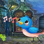 Un pájaro azul cantando con notas musicales en un entorno de fantasía con edificios antiguos y un conjunto de uvas en el suelo
