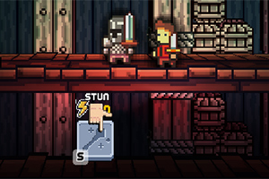 Dos personajes de estilo píxel con armaduras y espadas enfrentándose en una plataforma de madera, con un icono de stun y una tecla resaltada