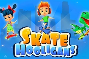 Tres personajes alegres con patinetas y un dinosaurio sobre un fondo azul con la frase Skate Hooligans