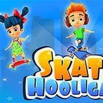 Tres personajes alegres con patinetas y un dinosaurio sobre un fondo azul con la frase Skate Hooligans