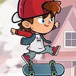 Niño animado con gorra roja montando una patineta frente a una casa