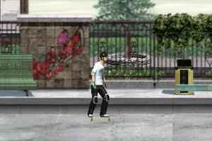 Persona patinando en un entorno urbano con grafiti y vegetación al fondo