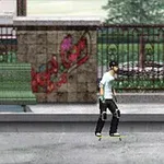 Persona patinando en un entorno urbano con grafiti y vegetación al fondo