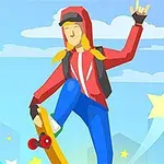 Persona con sudadera roja y pantalones azules haciendo acrobacias en una patineta, rodeada de estrellas y nubes en el fondo
