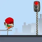Un personaje animado con gorra roja patina en una patineta junto a un semáforo en rojo con un fondo de edificios