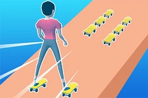Persona sobre una patineta en una plataforma anaranjada con filas de patinetas pequeñas al frente