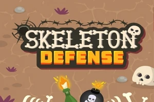 Título Skeleton Defense con letras hechas de huesos sobre un fondo terroso con calaveras, bombas y botellas incendiarias