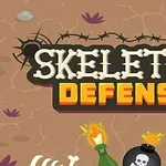 Título Skeleton Defense con letras hechas de huesos sobre un fondo terroso con calaveras, bombas y botellas incendiarias