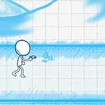 Dibujo de un personaje de figura simple caminando en un mundo azul sobre un fondo cuadriculado