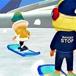 Dos personajes con ropa de invierno están en una pista de nieve, uno sobre una tabla de snowboard y el otro con audífonos y chaqueta con la frase Danger Stop