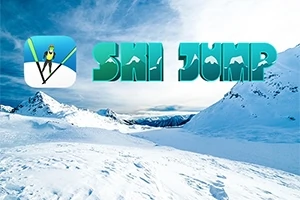 Paisaje de montaña nevada con el texto Ski Jump en letras grandes y un ícono de esquiador