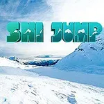Paisaje de montaña nevada con el texto Ski Jump en letras grandes y un ícono de esquiador
