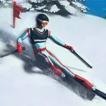 Esquiador en traje azul y rojo descendiendo por una pendiente nevada entre banderas rojas