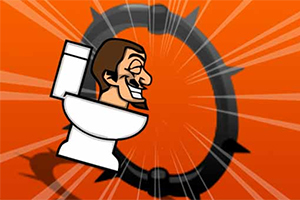 Hombre caricaturesco sentado en un inodoro sobre un fondo naranja con rayos y un engranaje oscuro detrás