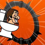Hombre caricaturesco sentado en un inodoro sobre un fondo naranja con rayos y un engranaje oscuro detrás