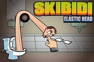 Cabeza elástica saliendo de un inodoro en un baño con gráficos caricaturescos y coloridos