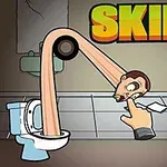 Cabeza elástica saliendo de un inodoro en un baño con gráficos caricaturescos y coloridos