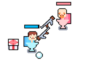 Dos personajes pixelados sentados en inodoros, enfrentándose con rifles pixelados, con un regalo y una barra de vida visible