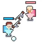 Dos personajes pixelados sentados en inodoros, enfrentándose con rifles pixelados, con un regalo y una barra de vida visible