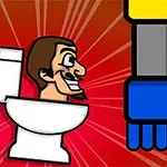 Un dibujo de un hombre en un inodoro frente a un brazo robótico de colores sobre un fondo rojo con líneas radiantes