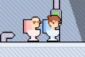 Dos personajes en gráficos pixelados sentados en inodoros de colores rosa y azul en un entorno interior