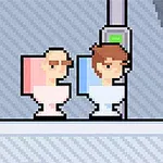 Dos personajes en gráficos pixelados sentados en inodoros de colores rosa y azul en un entorno interior