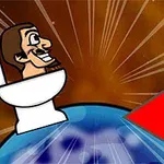 Hombre caricaturizado sentado en un inodoro sobre el planeta Tierra con un gran triángulo rojo apuntando hacia ellos