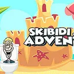 Hombre caricaturizado en un inodoro sonriente frente a un castillo de arena con el título Skibidi Jump Adventure en la playa